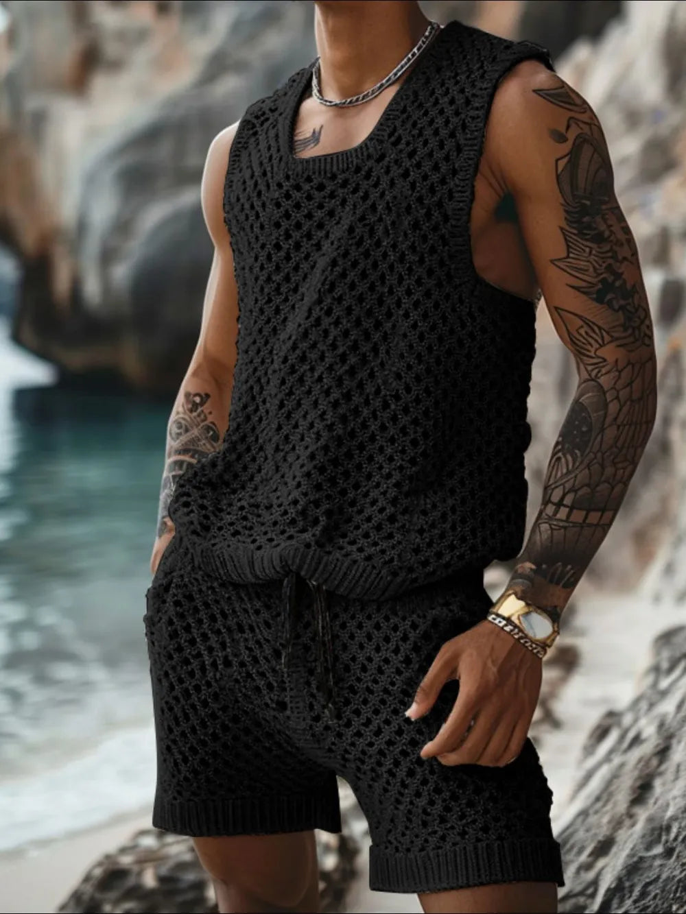 Men's Plus Size Hollow Out Round Neck Tank and Shorts Set Black
