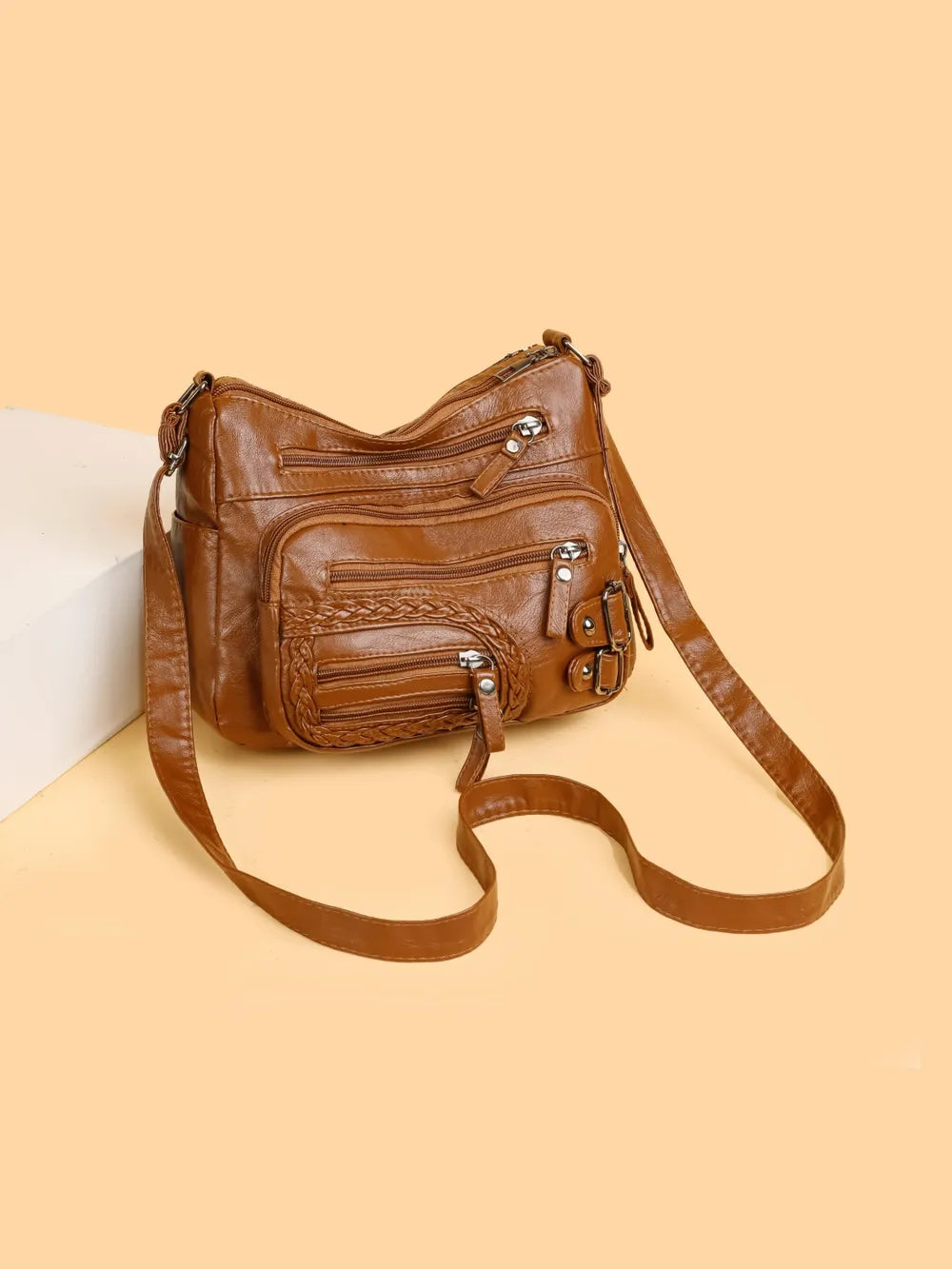 Multi Pockets PU Leather Shoulder Bag Terracotta One Size