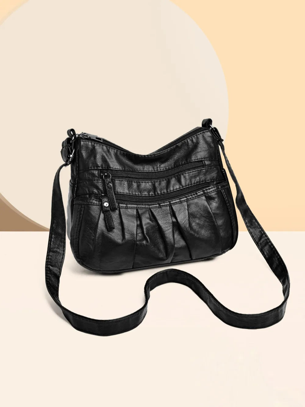 PU Leather Ruched Adjustable Strap Shoulder Bag Black One Size