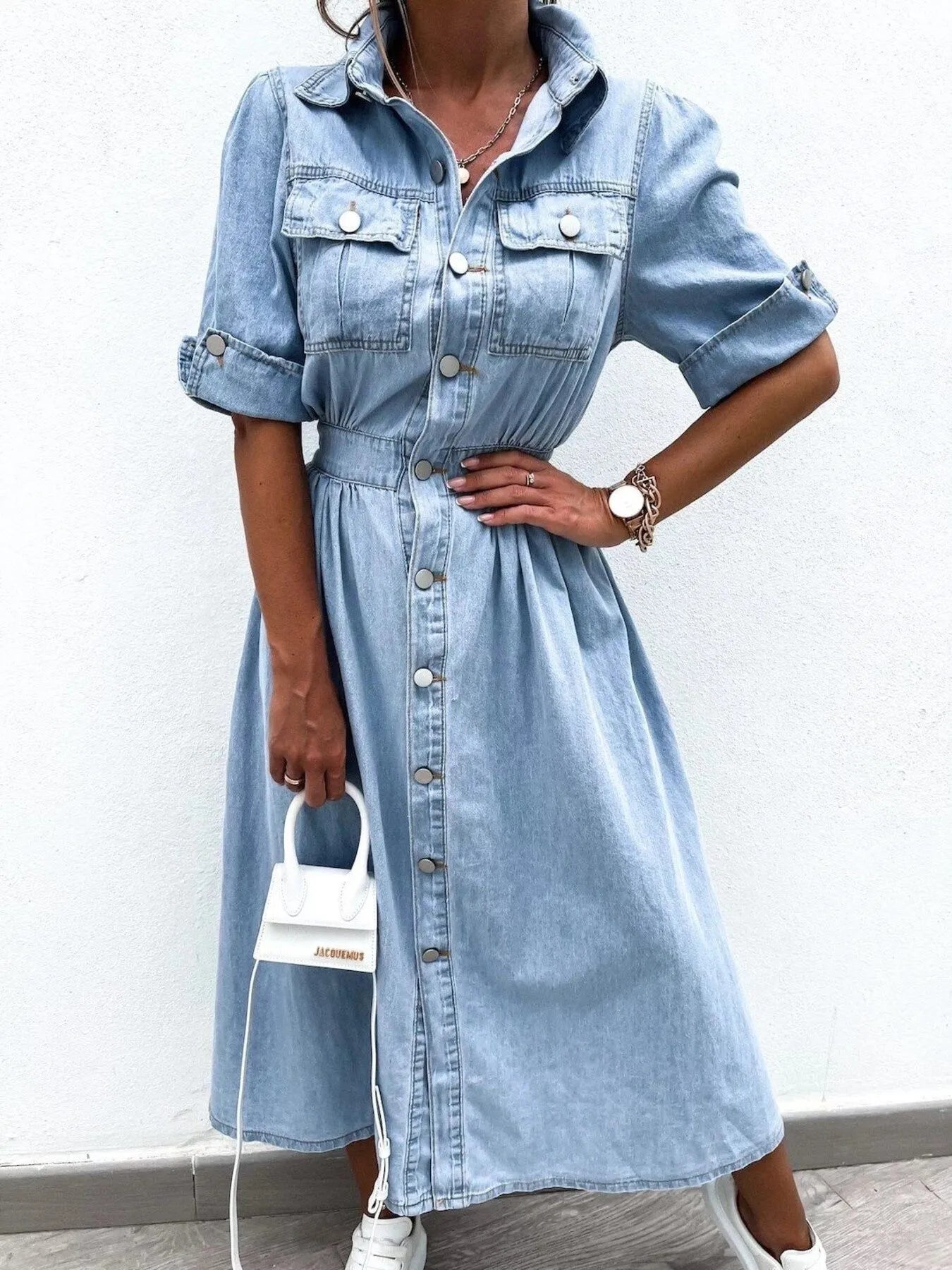 Full Size Button Down Roll-Up Sleeve Denim Shirt Dress Plus Size Light Blue