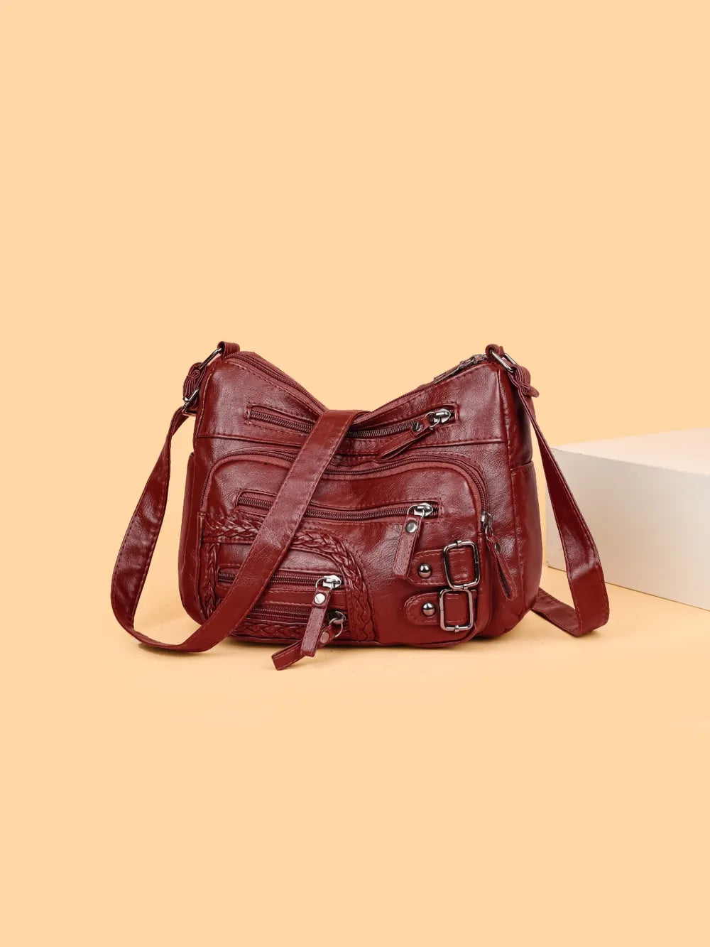 Multi Pockets PU Leather Shoulder Bag Burgundy One Size