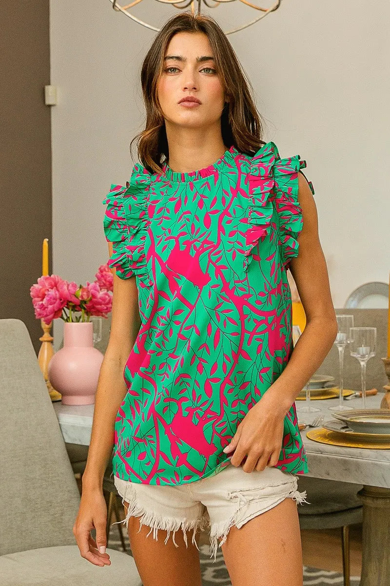 bibi leopard leaves print woven top shown as women’s outerwear