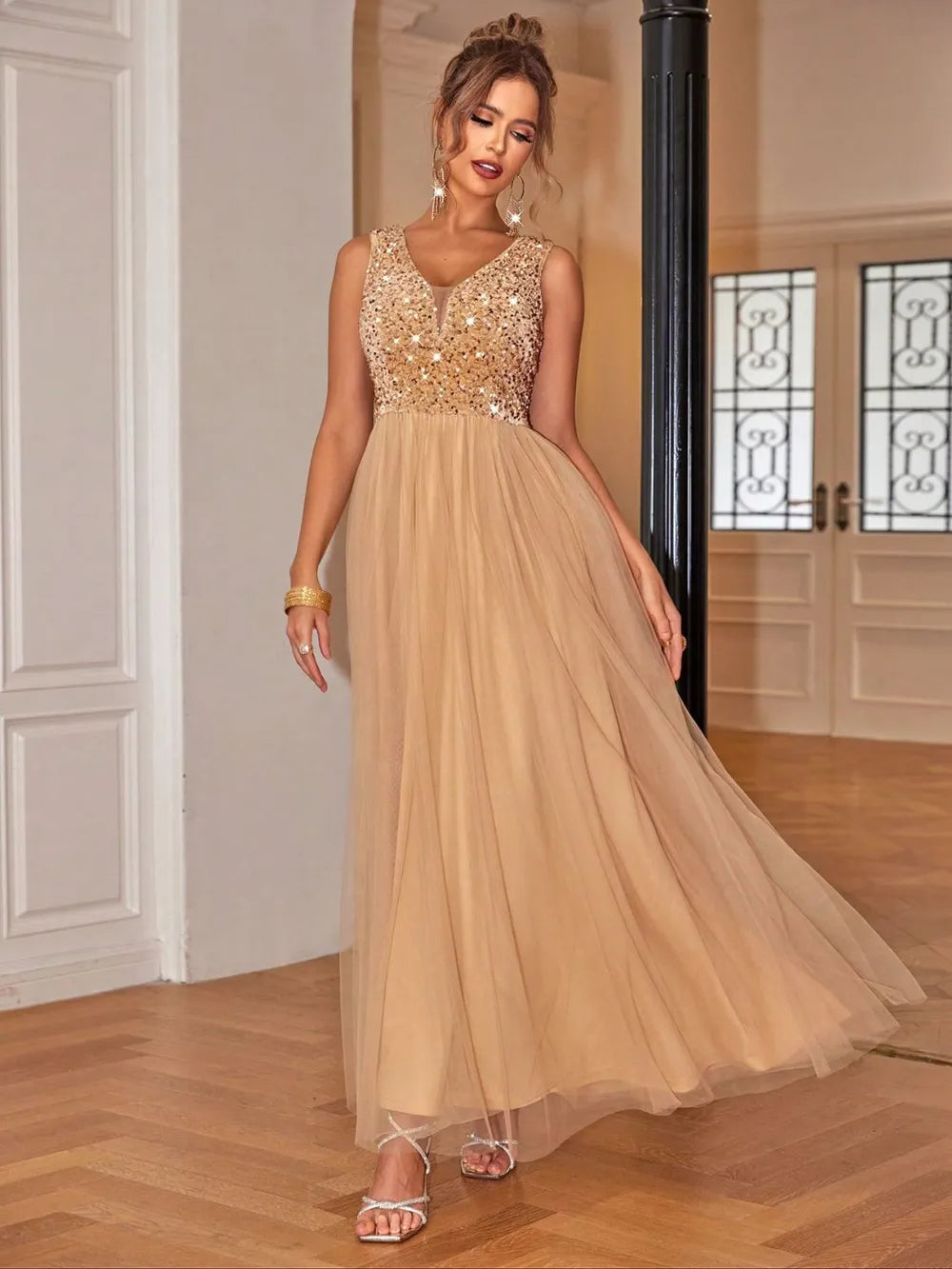 sequin v-neck sleeveless dress shown as women’s dress