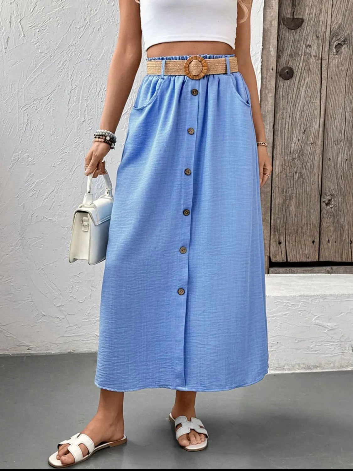 Decor Button Front Midi Skirt Light Blue