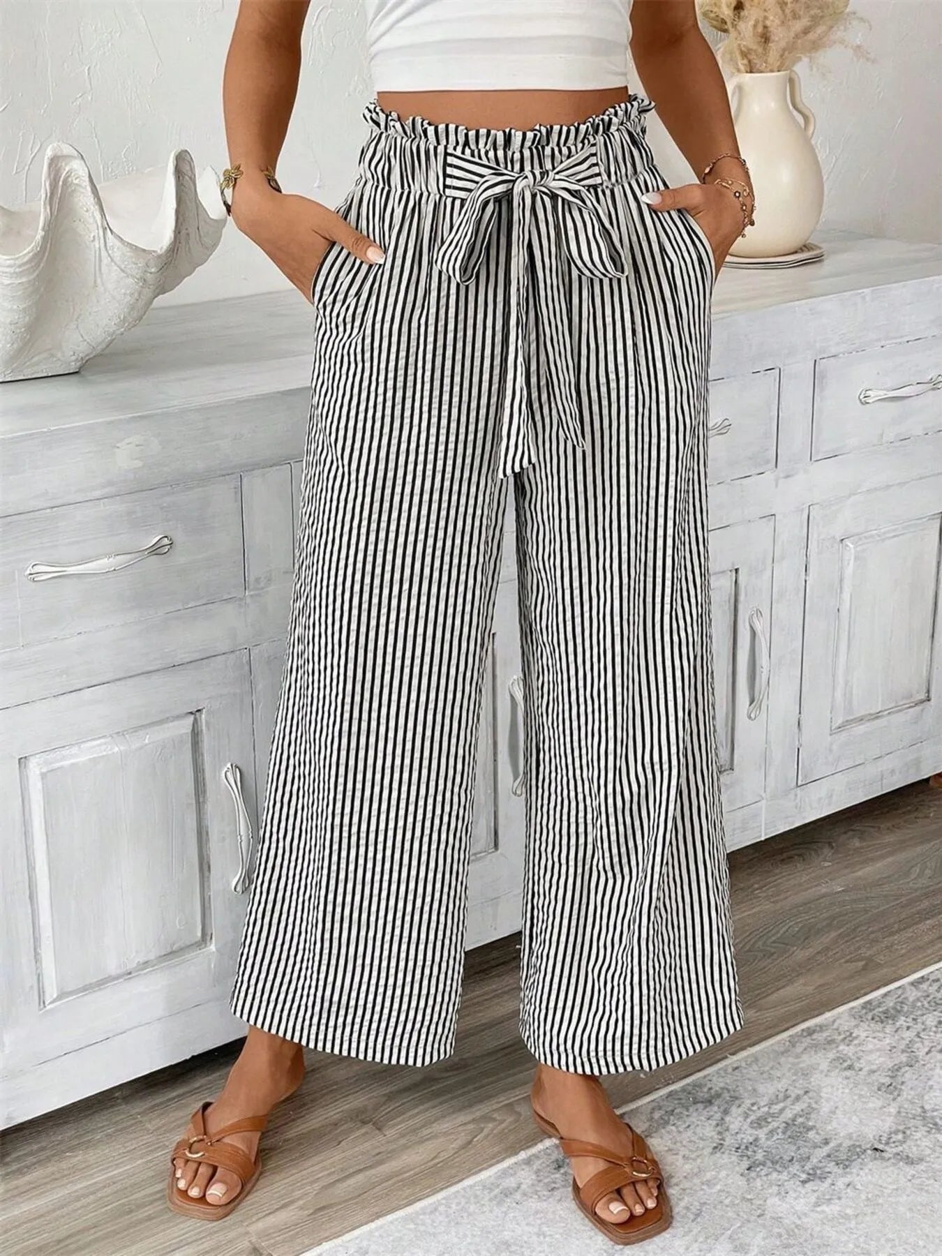 Full Size Striped Wide Leg Paper Bag Pants Plus Size Black