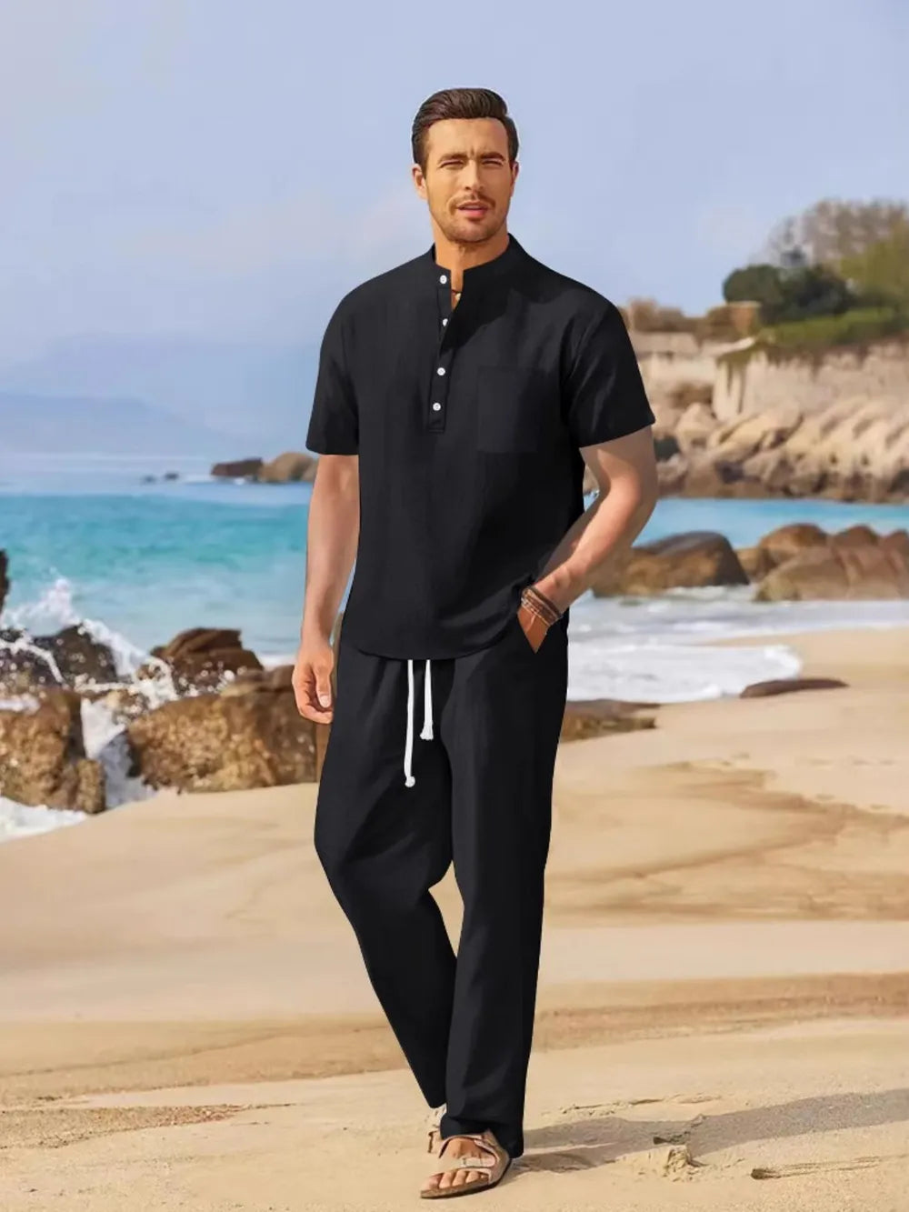 men's full size half button top and drawstring pants set plus size shown in co-ord look