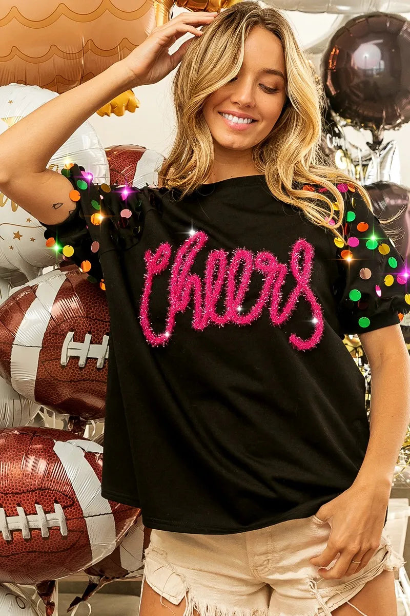 bibi metallic letter spangle raglan puff sleeve top shown as women’s outerwear