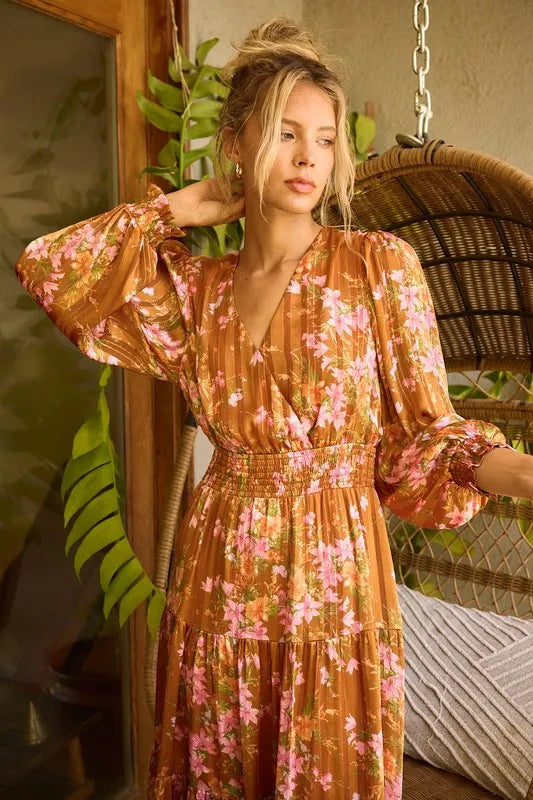 Mittoshop Flower Print Satin Lurex Stripe Smocked Midi Dress Terracotta
