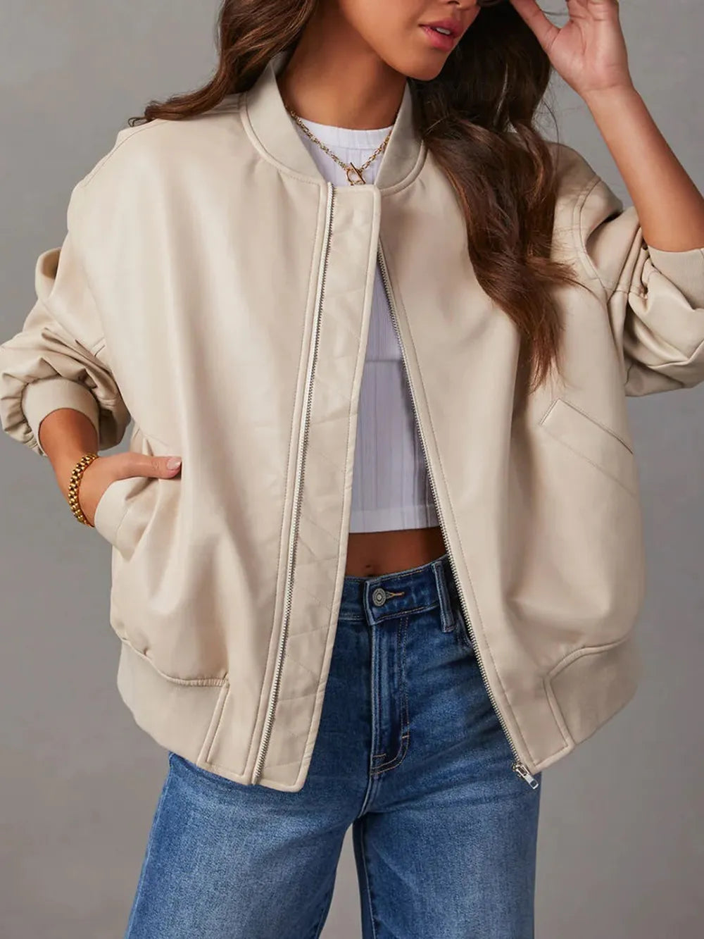 snap-front winter jacket for women with gold details