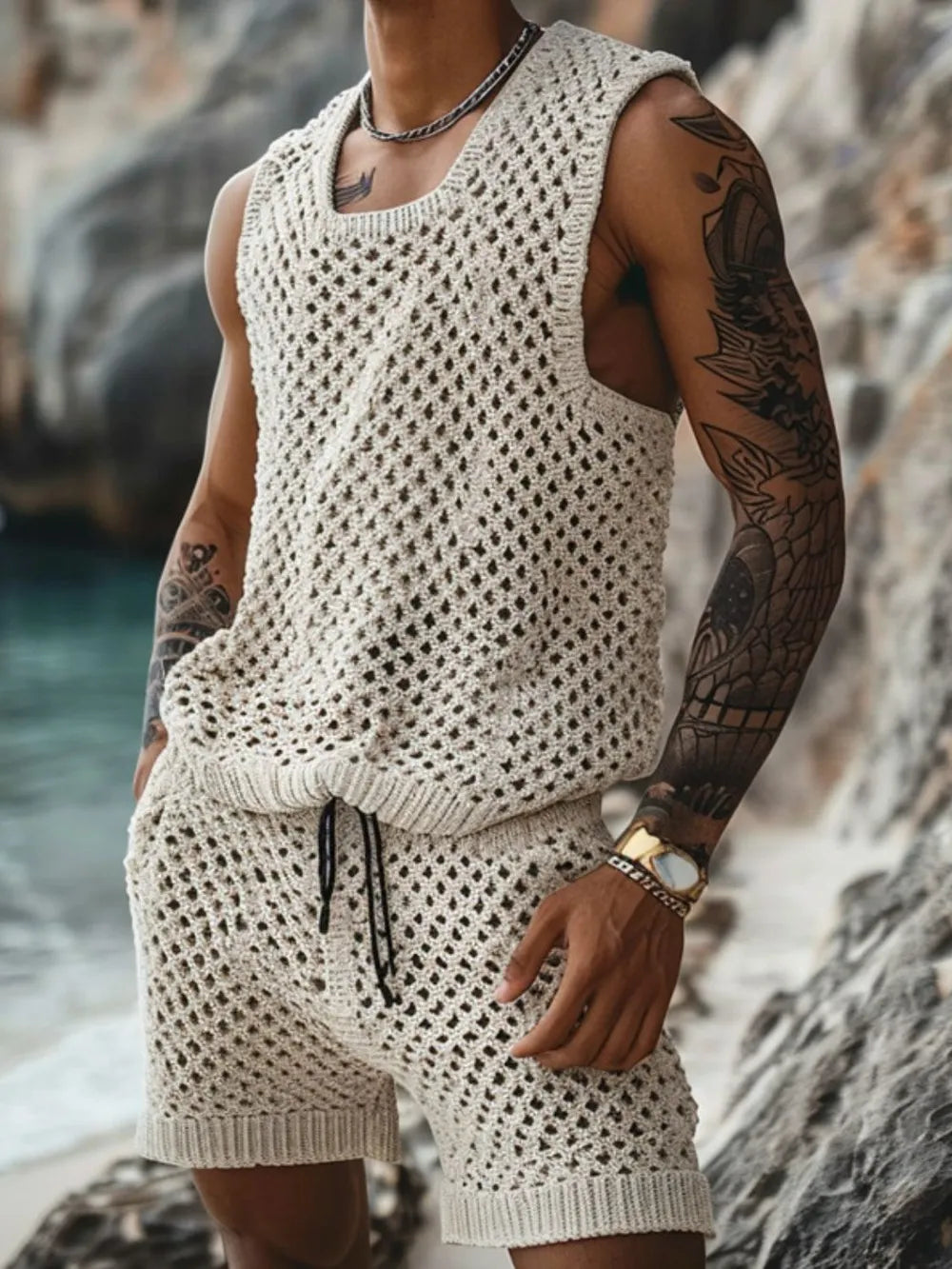 Men's Plus Size Hollow Out Round Neck Tank and Shorts Set Beige