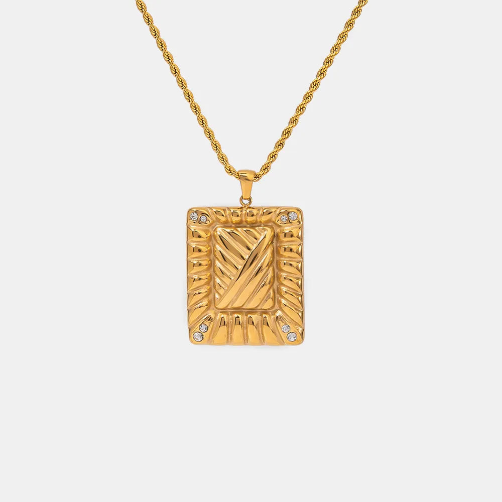 Stainless Steel Inlaid Rhinestone Rectangle Shape Pendant Necklace Gold One Size