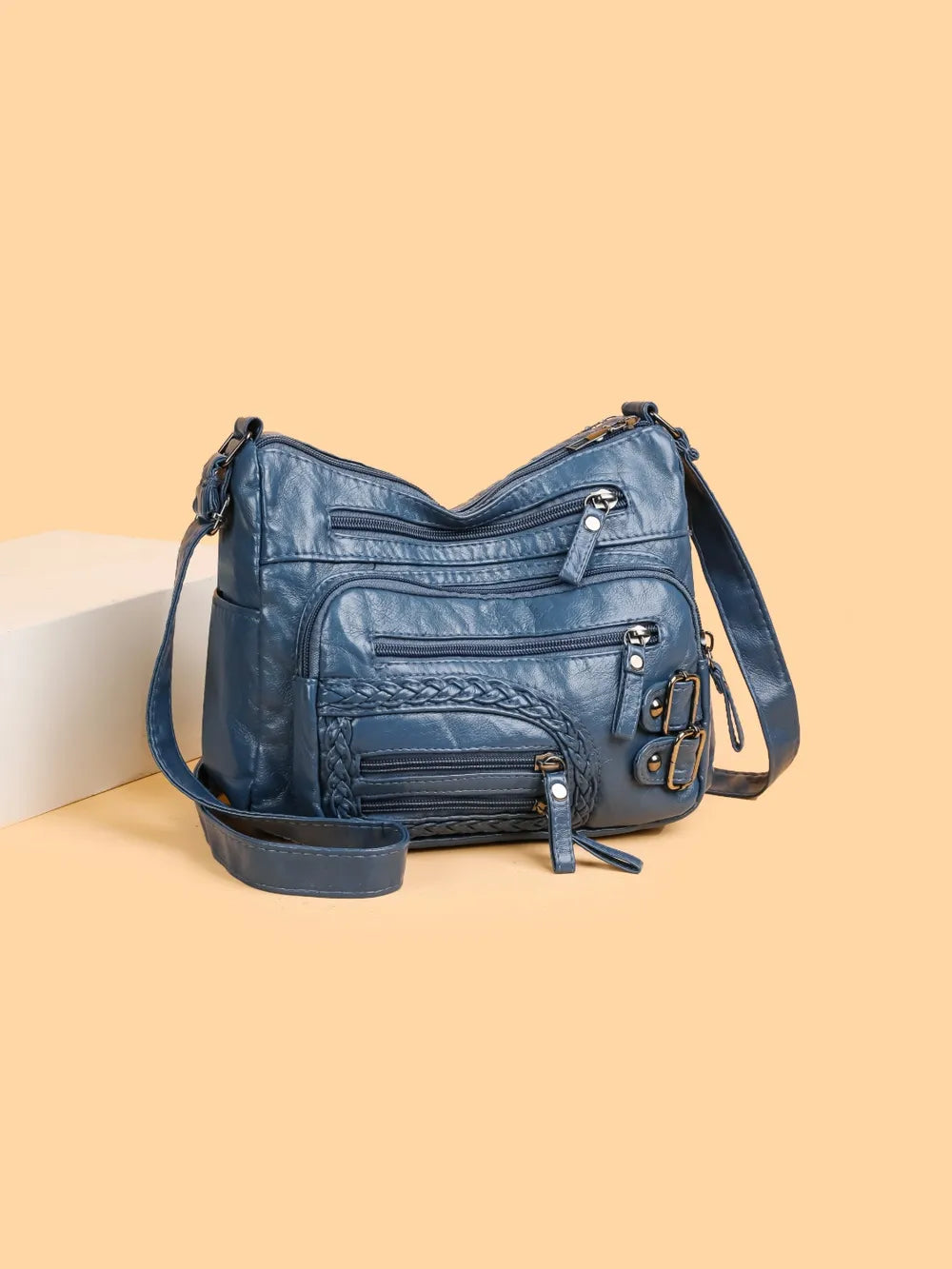 Multi Pockets PU Leather Shoulder Bag Dusty Blue One Size