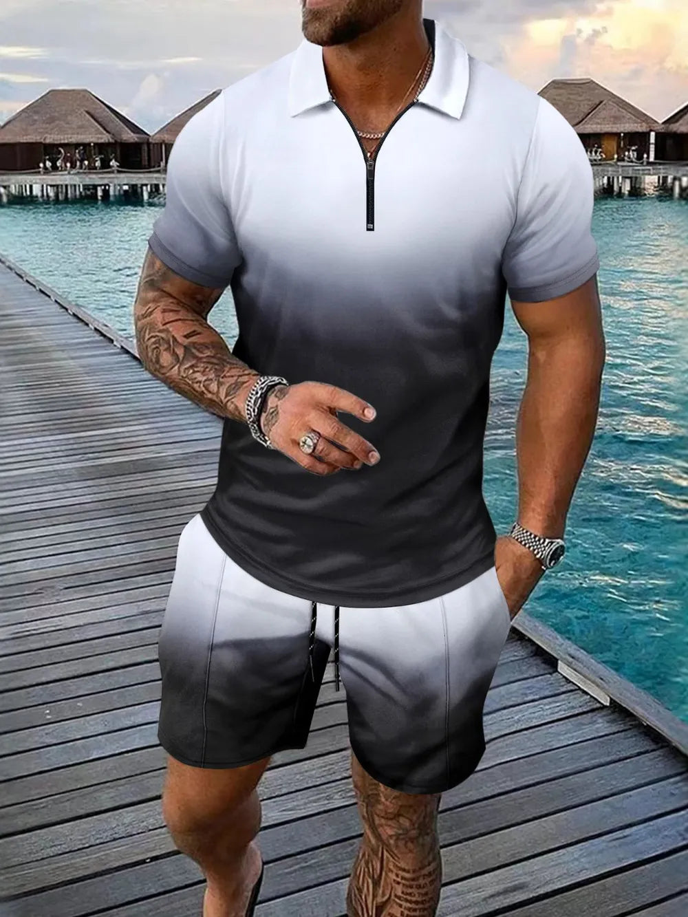 men’s outfit set – men's full size gradient collared neck top and shorts set plus size