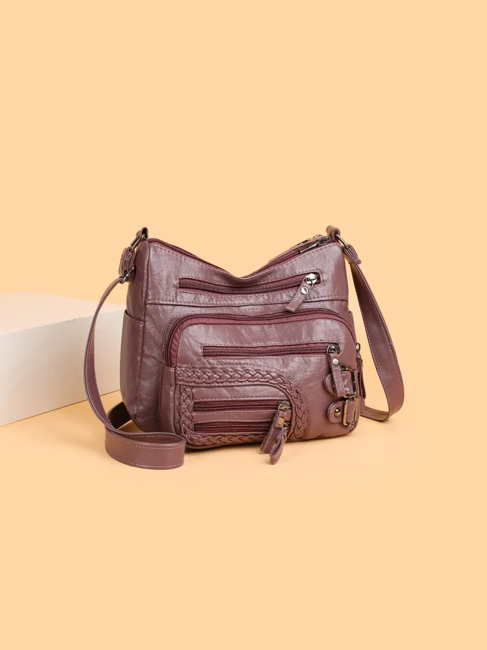 Multi Pockets PU Leather Shoulder Bag Mauve One Size