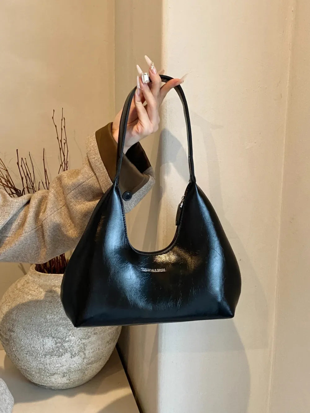 PU Leather Shoulder Bag Black One Size