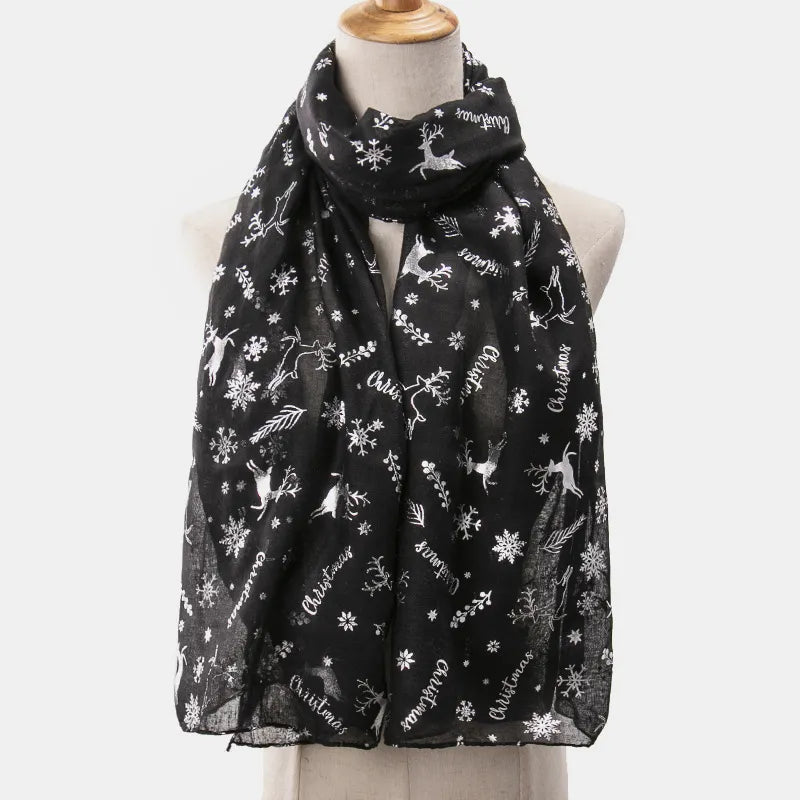 patterned wool scarf layered over coat