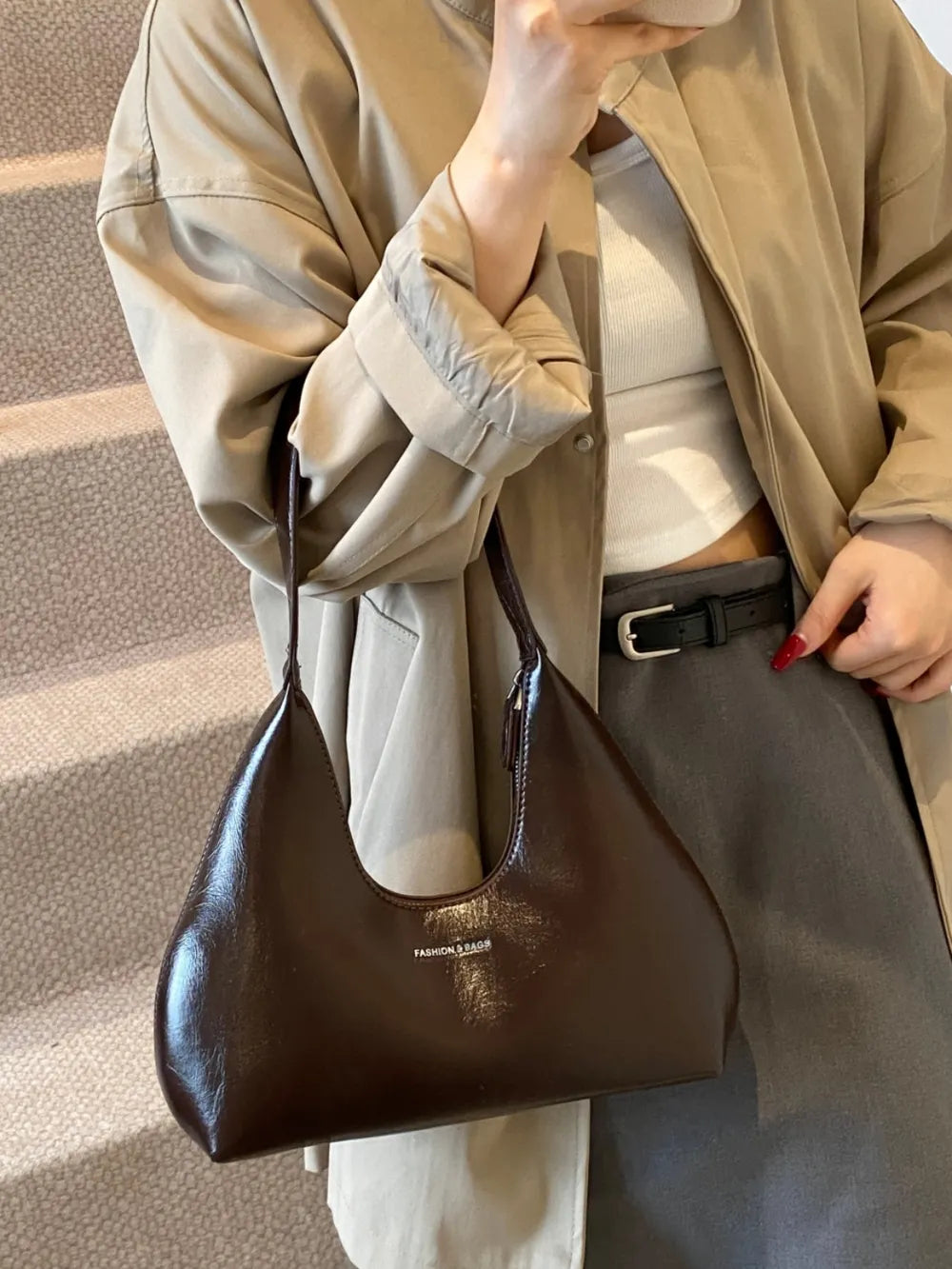 PU Leather Shoulder Bag Chocolate One Size
