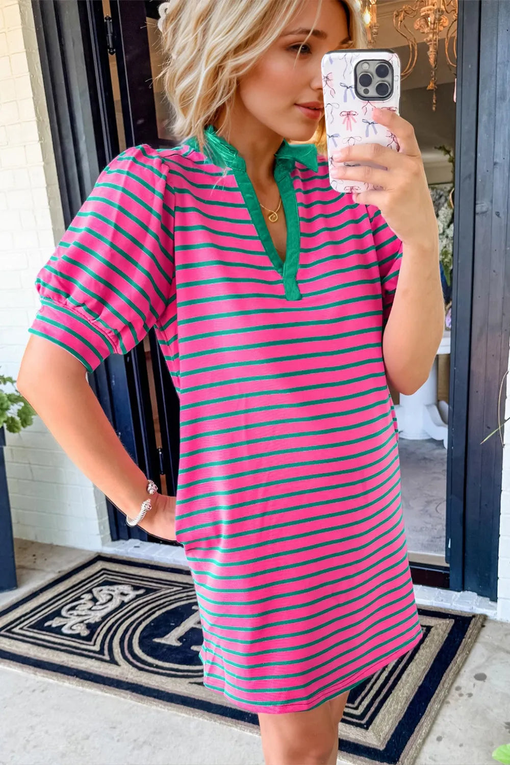 Oh Striped Johnny Collar Puff Sleeve Mini Tee Dress Hot Pink