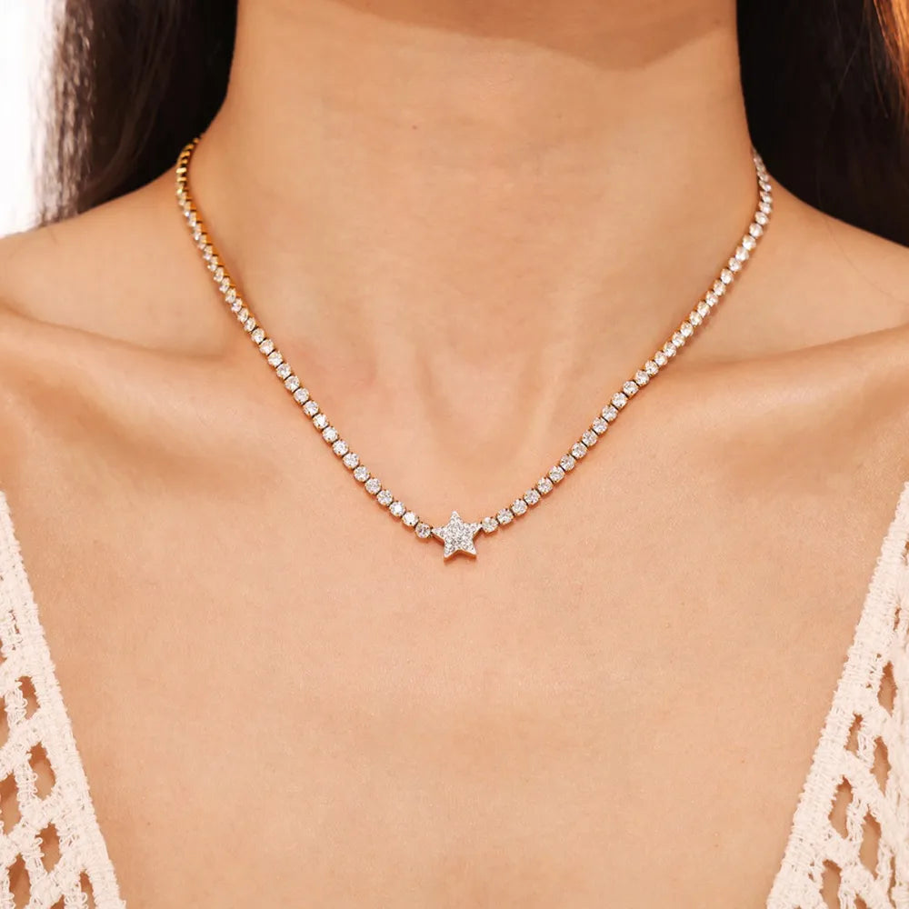 Titanium Steel Zircon Star Necklace Gold One Size