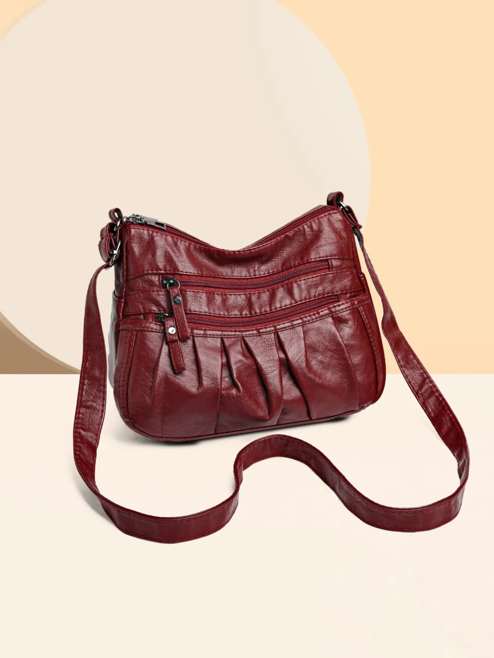 PU Leather Ruched Adjustable Strap Shoulder Bag Deep Red One Size