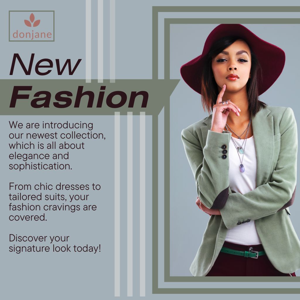 Donjane! new fashion collection promo – confident woman in green blazer and burgundy hat, elegance meets modern style