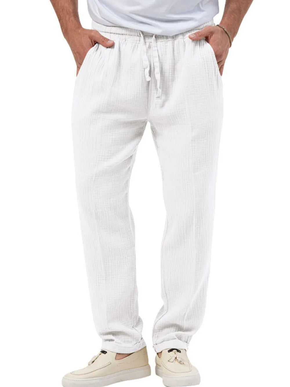 Men's Plus Size Drawstring Texture Pants White