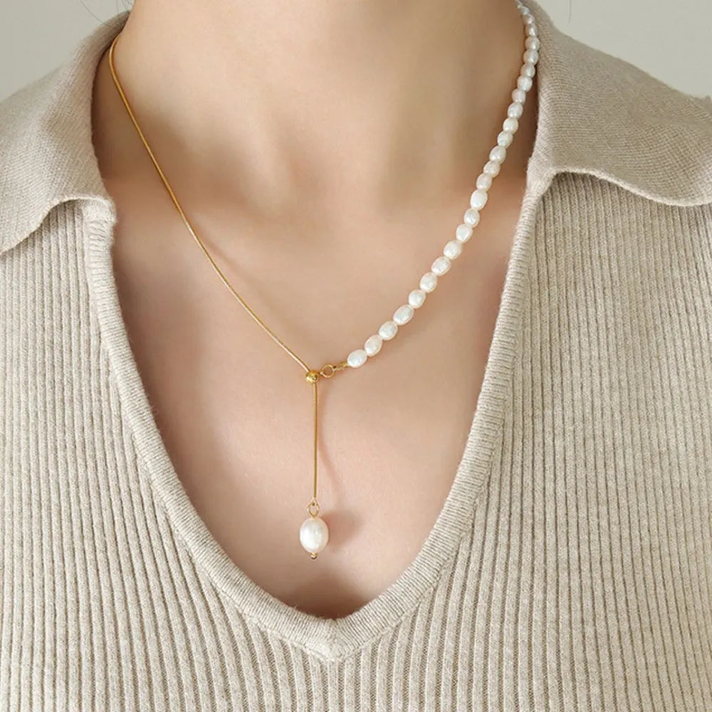 18k gold-plated pearl necklace shown as women’s apparel