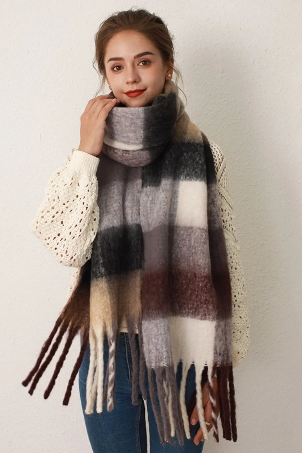 ribbed texture scarf layered over coat