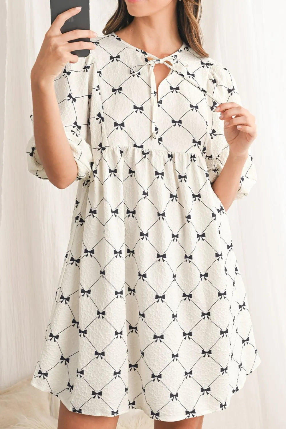 Bow Print Tie Neck Half Sleeve Dress White
