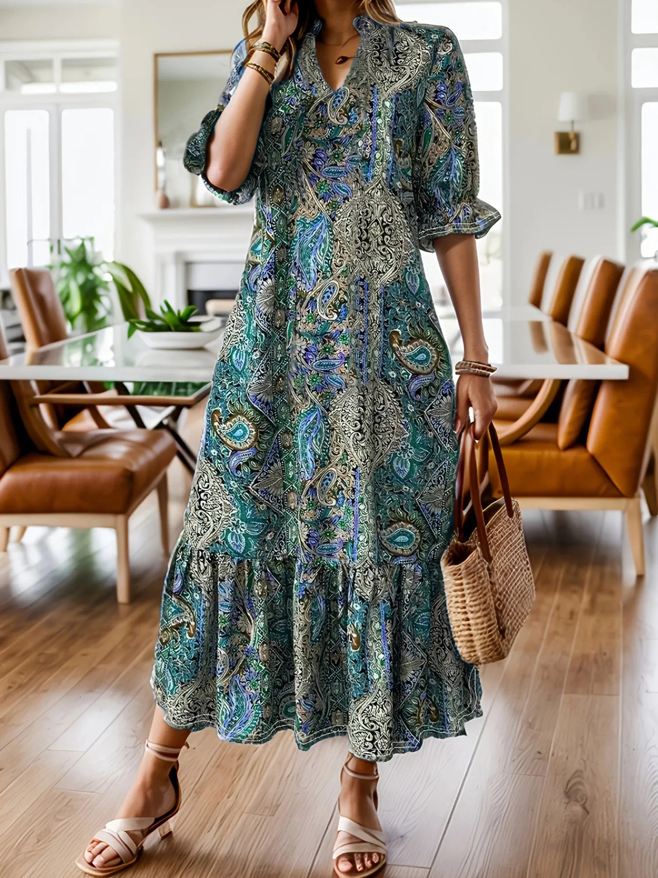 Full Size Bohemian Paisley Print Ruffle Hem Midi Dress Plus Size Teal