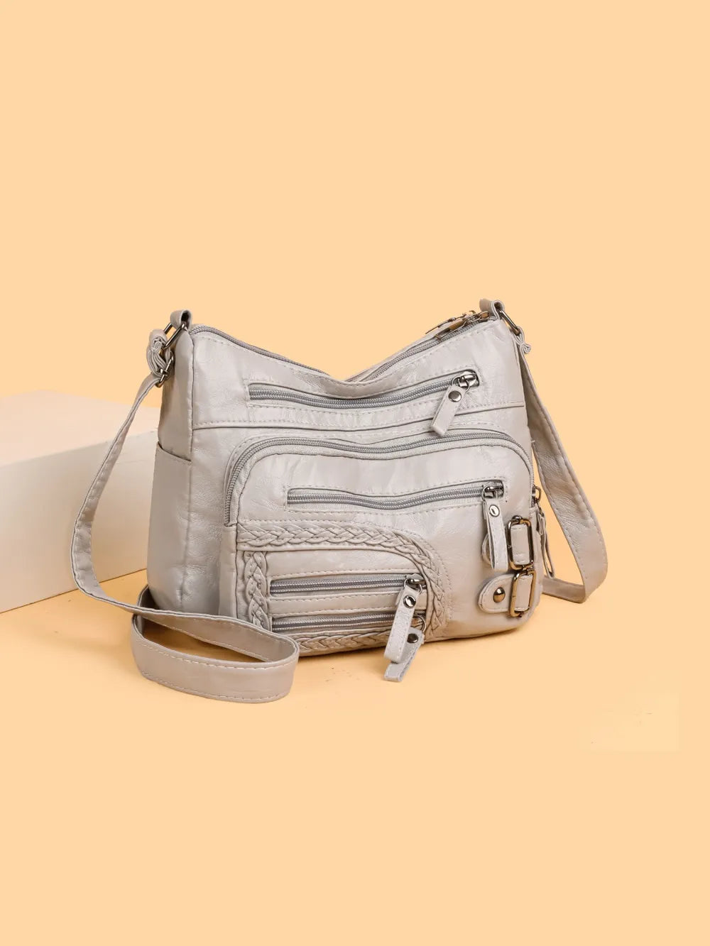 Multi Pockets PU Leather Shoulder Bag Beige One Size