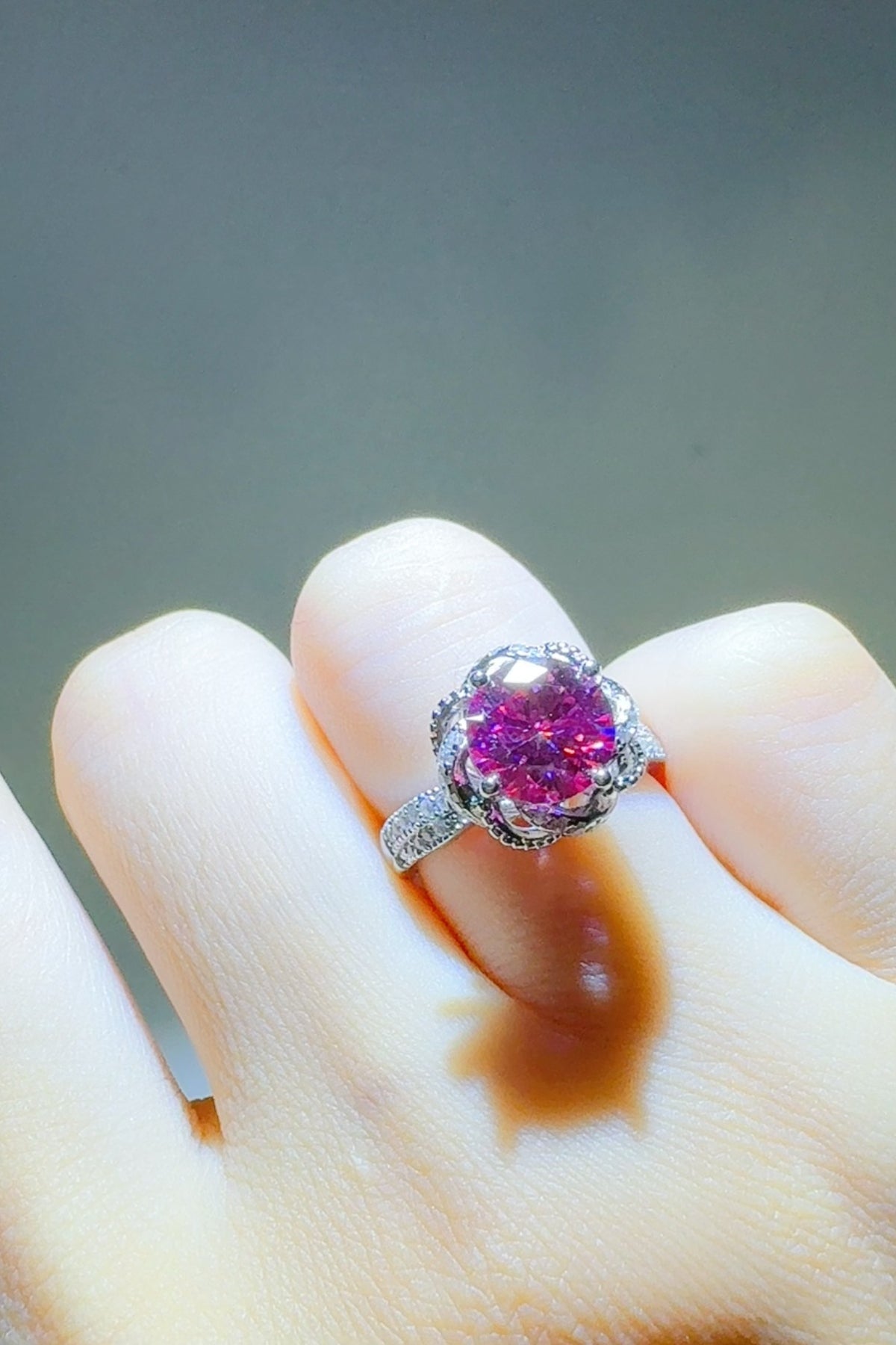 old mine cut moissanite ring moissanite wedding band 2 Carat Moissanite 925 Sterling Silver Flower Shaper Ring in Cerise, size 6, 7, 5, 8, 9, shown in polished detail highlighting gemstone detail