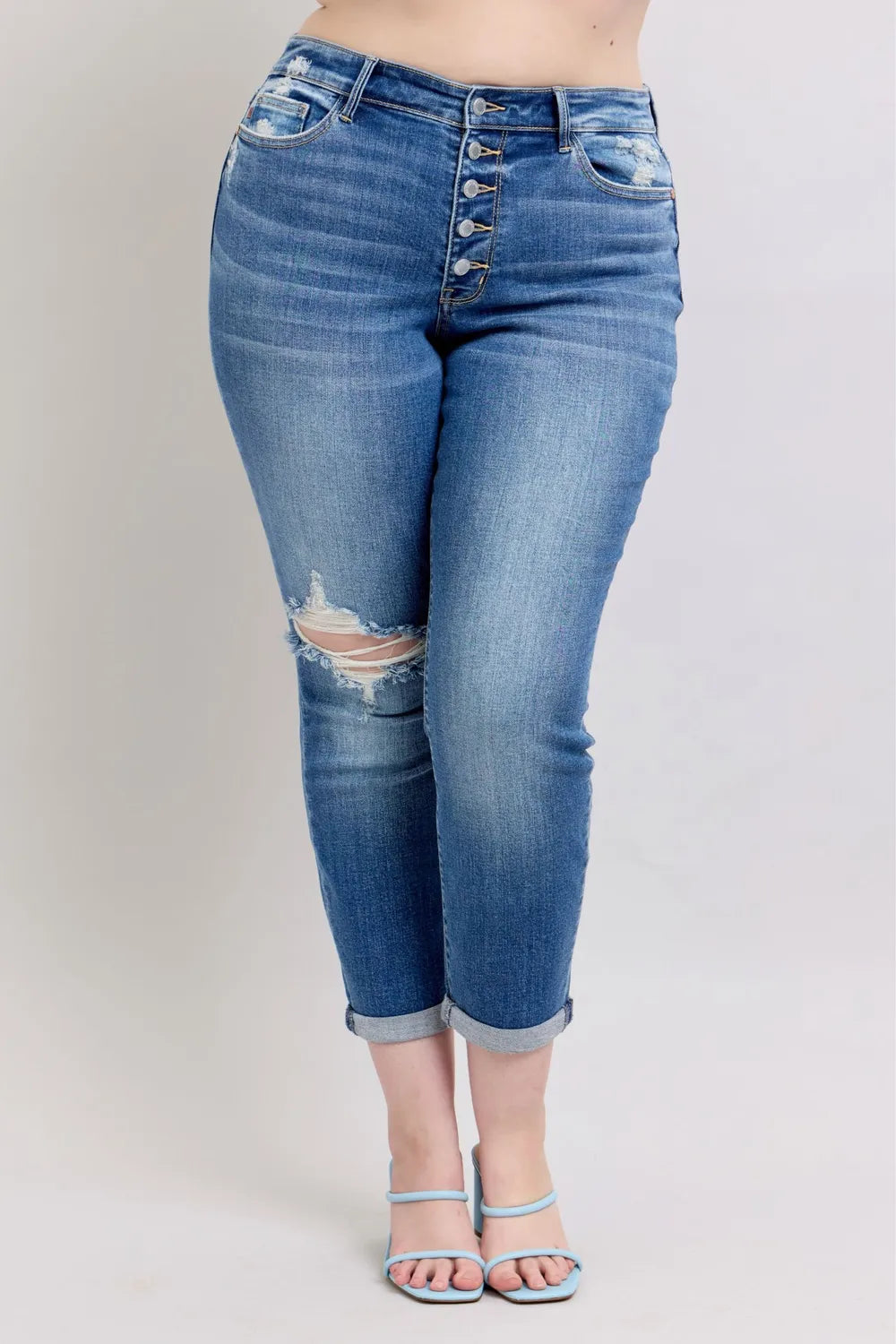 Judy Blue Full Size Button Fly Distressed Jeans with Pockets Plus Size Medium