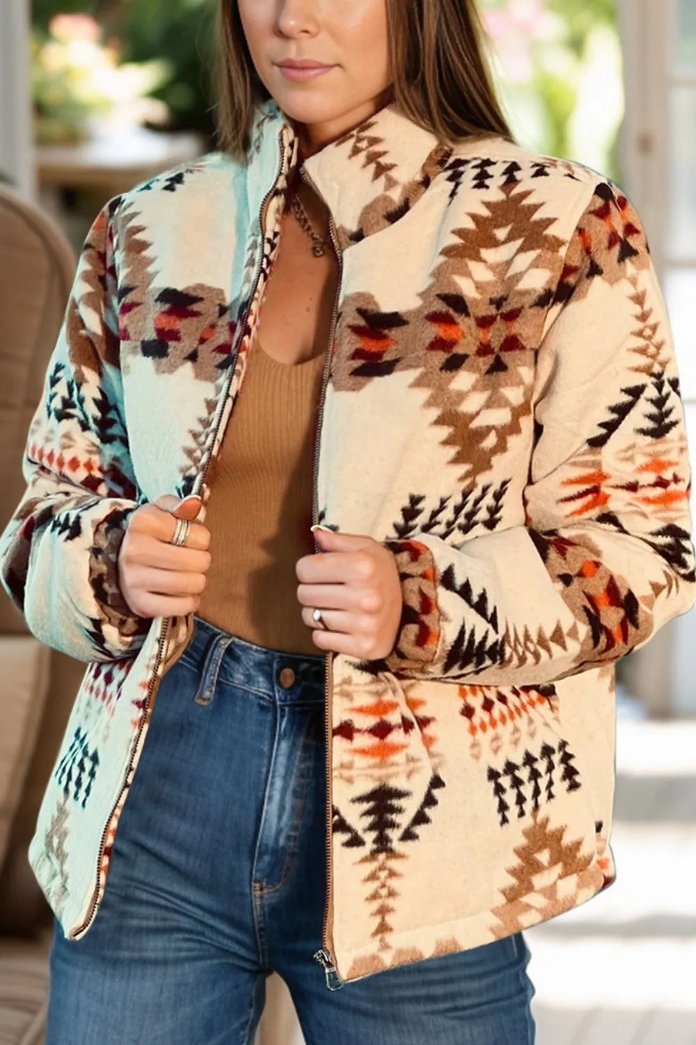 teddy-lined winter jacket for women walking through snow