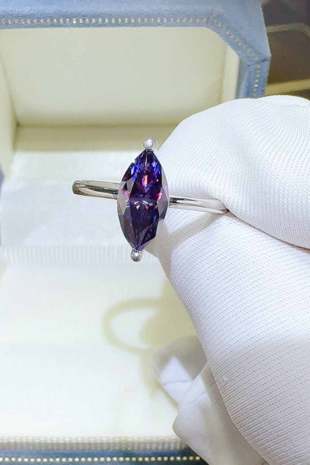 stylish rings vintage diamond engagement rings 2 Carat Moissanite 925 Sterling Silver Ring in Violet, size 9, 5, 6, 7, 8, shown in close-up highlighting gemstone detail