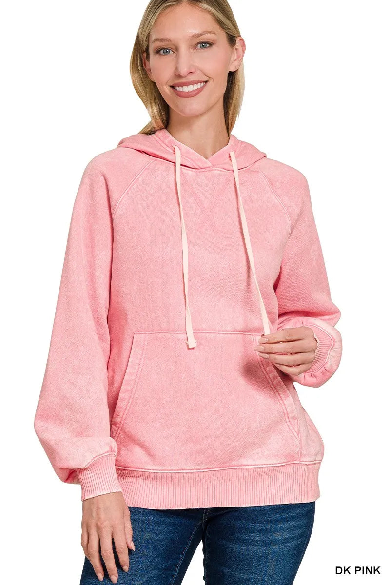 women's sweatshirt: zenana acid wash fleece hoodie with kangaroo poc shown as women’s hoodie