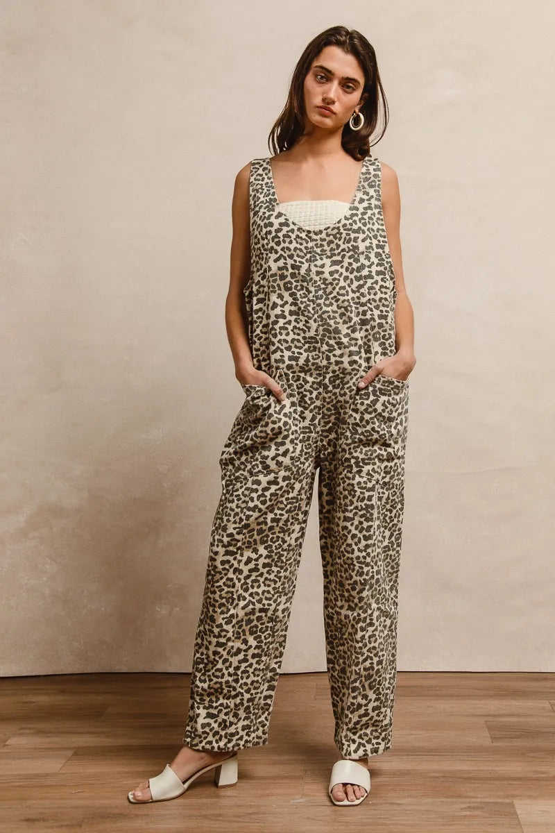bibi leopard print adjustable strap u neck jumpsuit shown as women’s outerwear