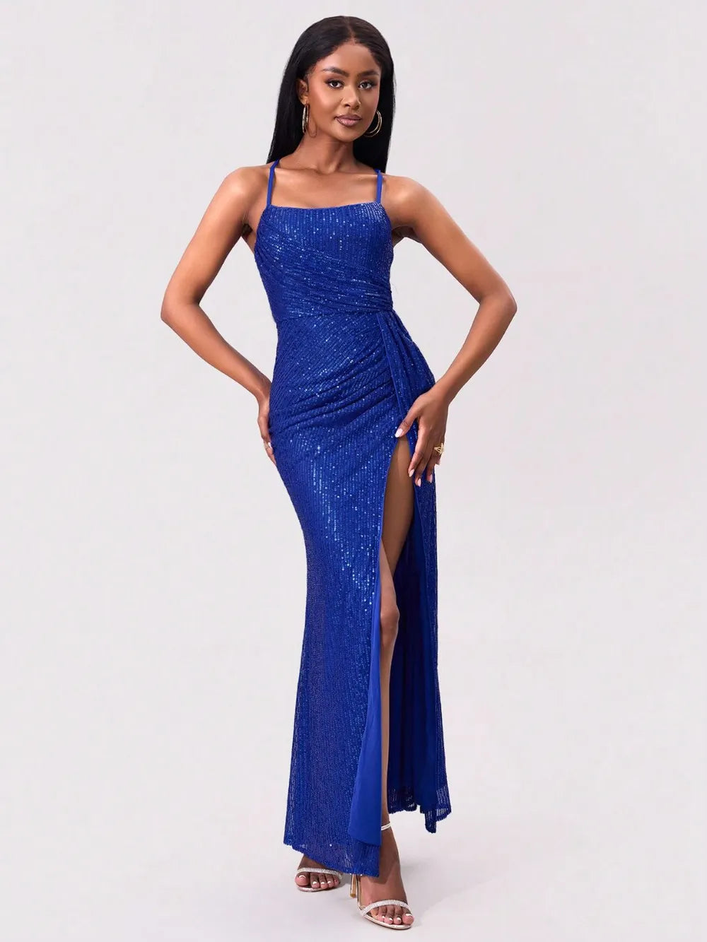 slit sequin square neck spaghetti strap dress shown as women’s dress