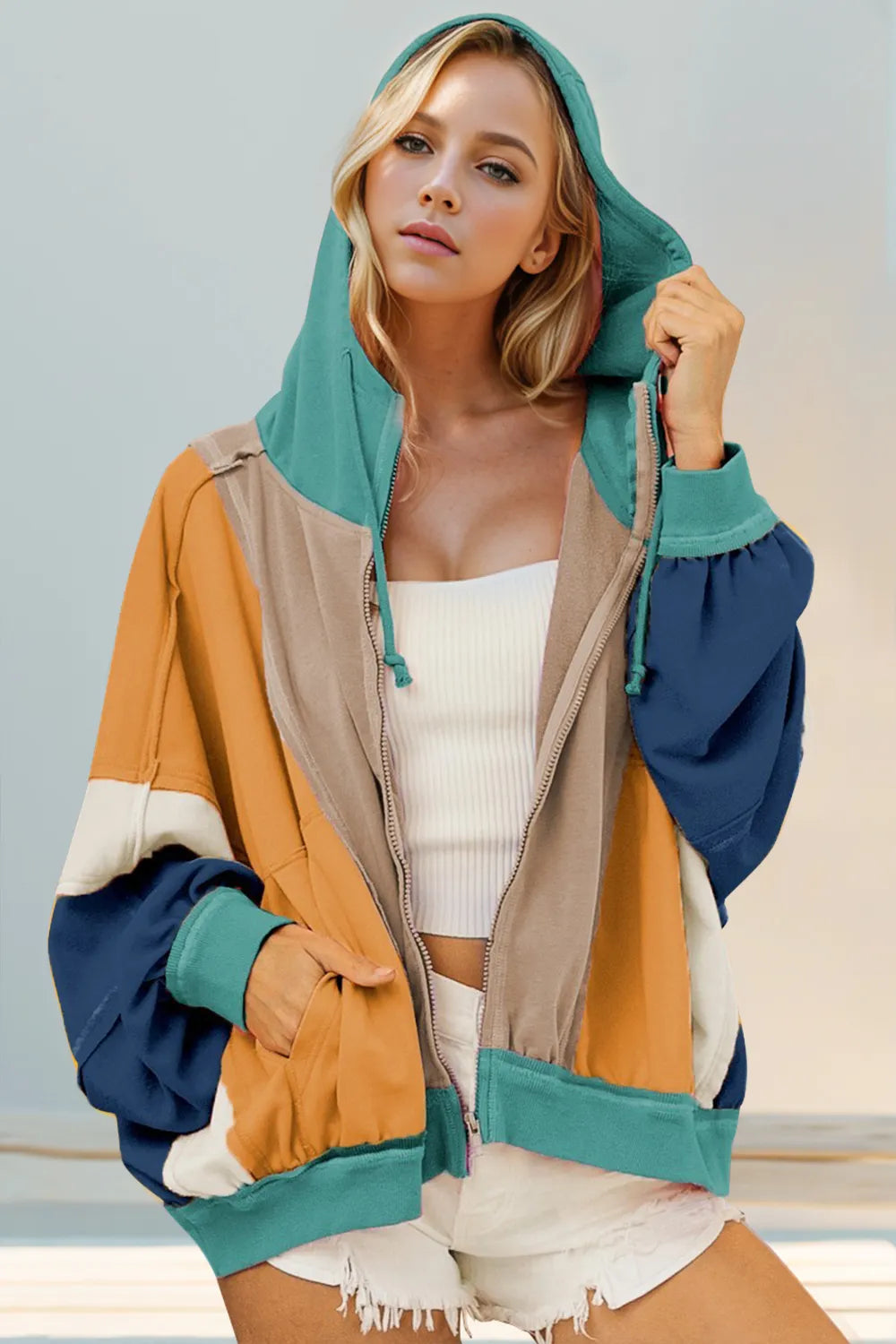 Double Take Full Size Color Block Zip Up Hoodie Khaki