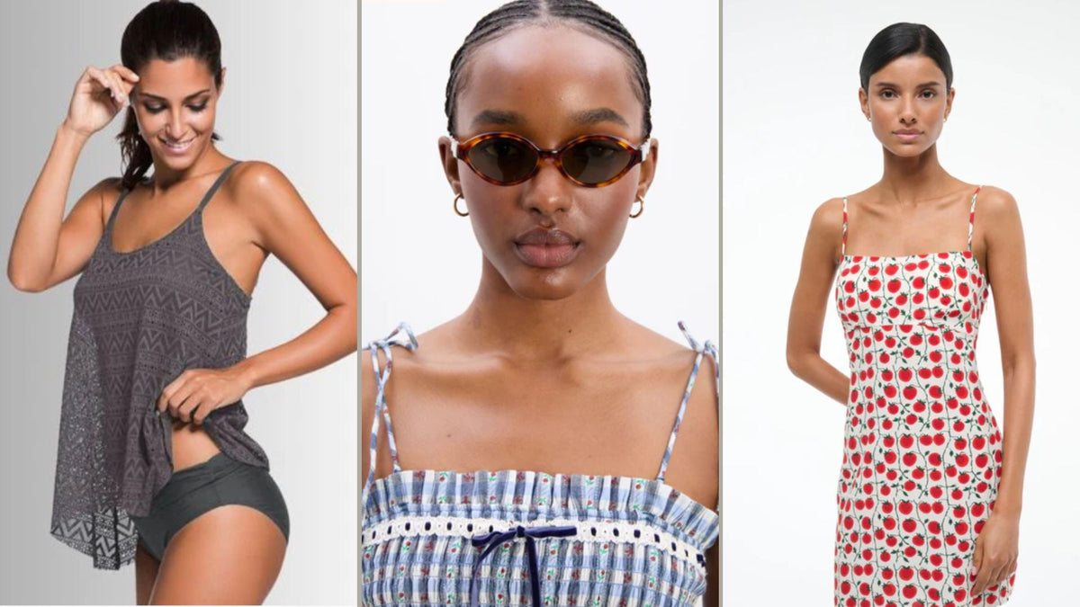 Collage of the best new online clothing stores in 2025 featuring Donjane, Damson Madder, NA-KD, White Fox Boutique, and Staud