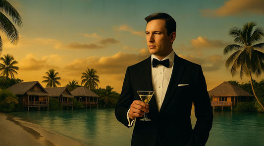 A man in a black tuxedo holding a martini stands on a tropical beach at sunset, with overwater bungalows and palm trees behind him — inspired by travel outfits for women, the Fleming Villa, and the atmosphere of The GoldenEye. 