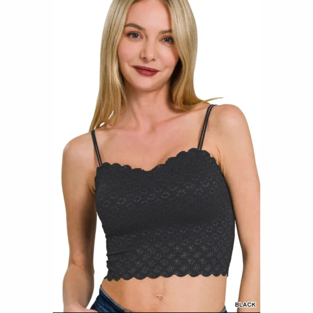 model wearing black Zenana lace crop cami top with scalloped hem