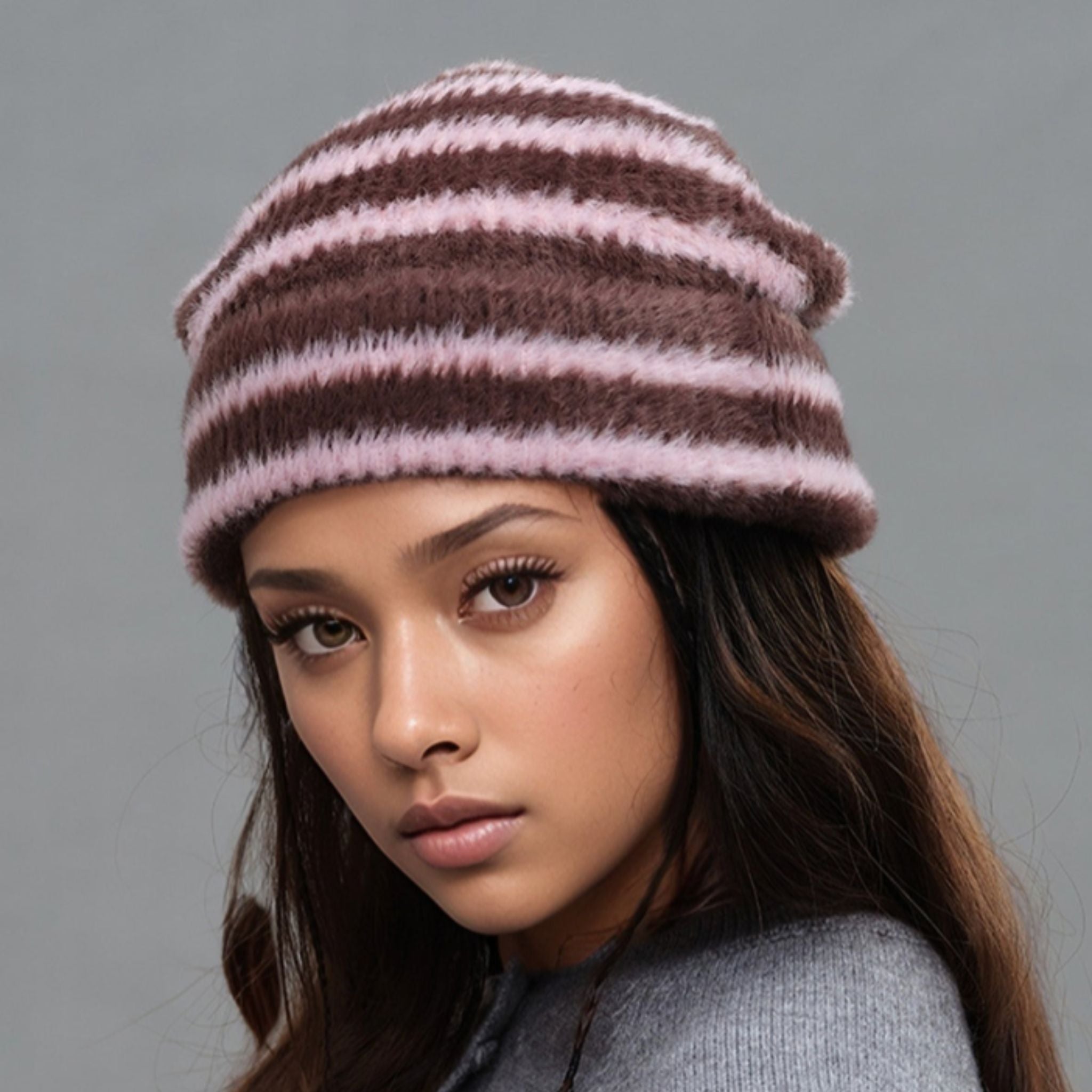 We LOVE this Fuzzy Contrast Striped Thermal Hat Brown in Pink | One Size | Donjane 