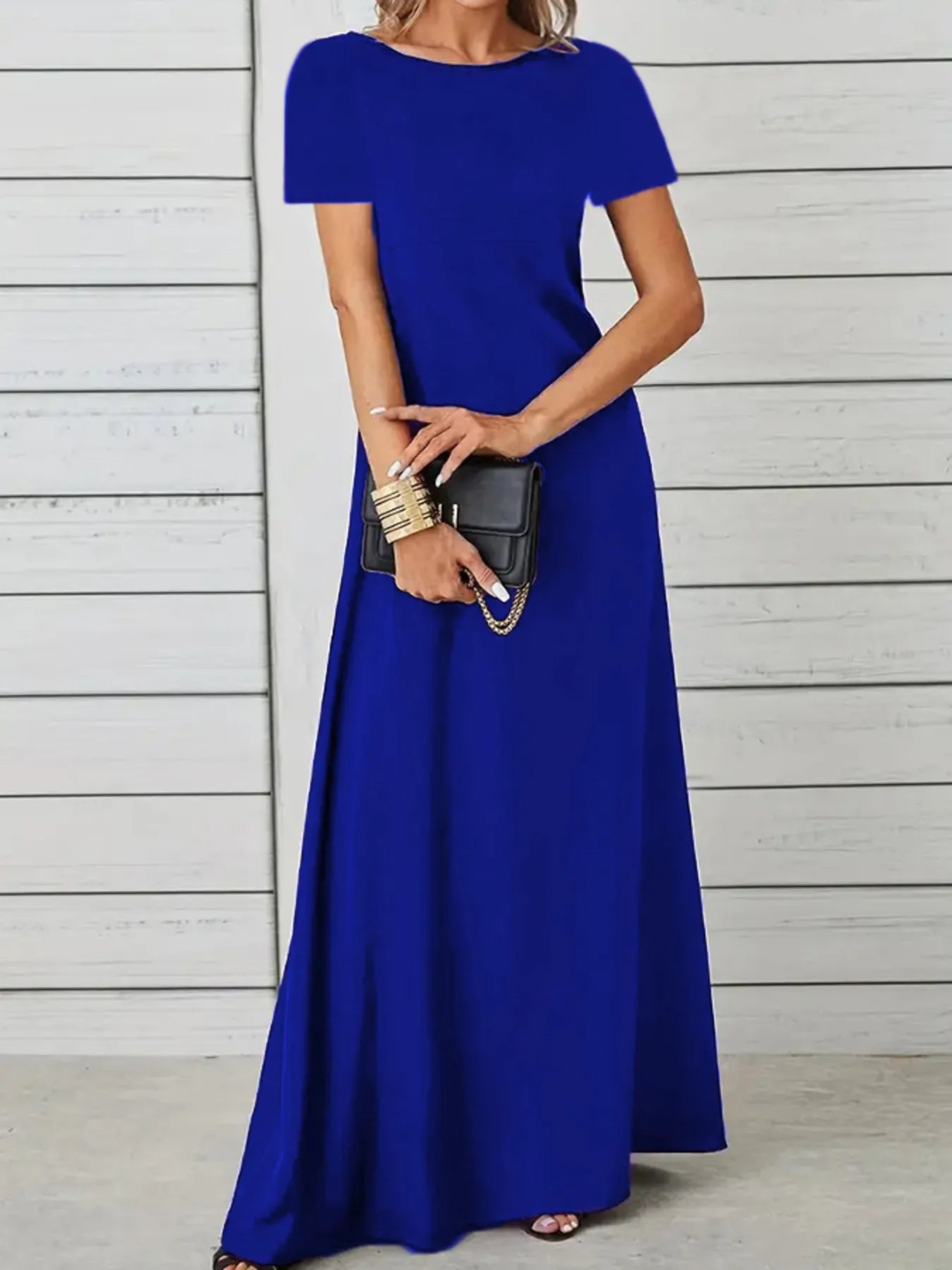 Full Size Round Neck Short Sleeve A-Line Maxi Dress Plus Size Blue