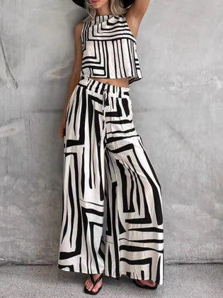 Geometric Print Sleeveless Top and Wide Leg Pants Set White