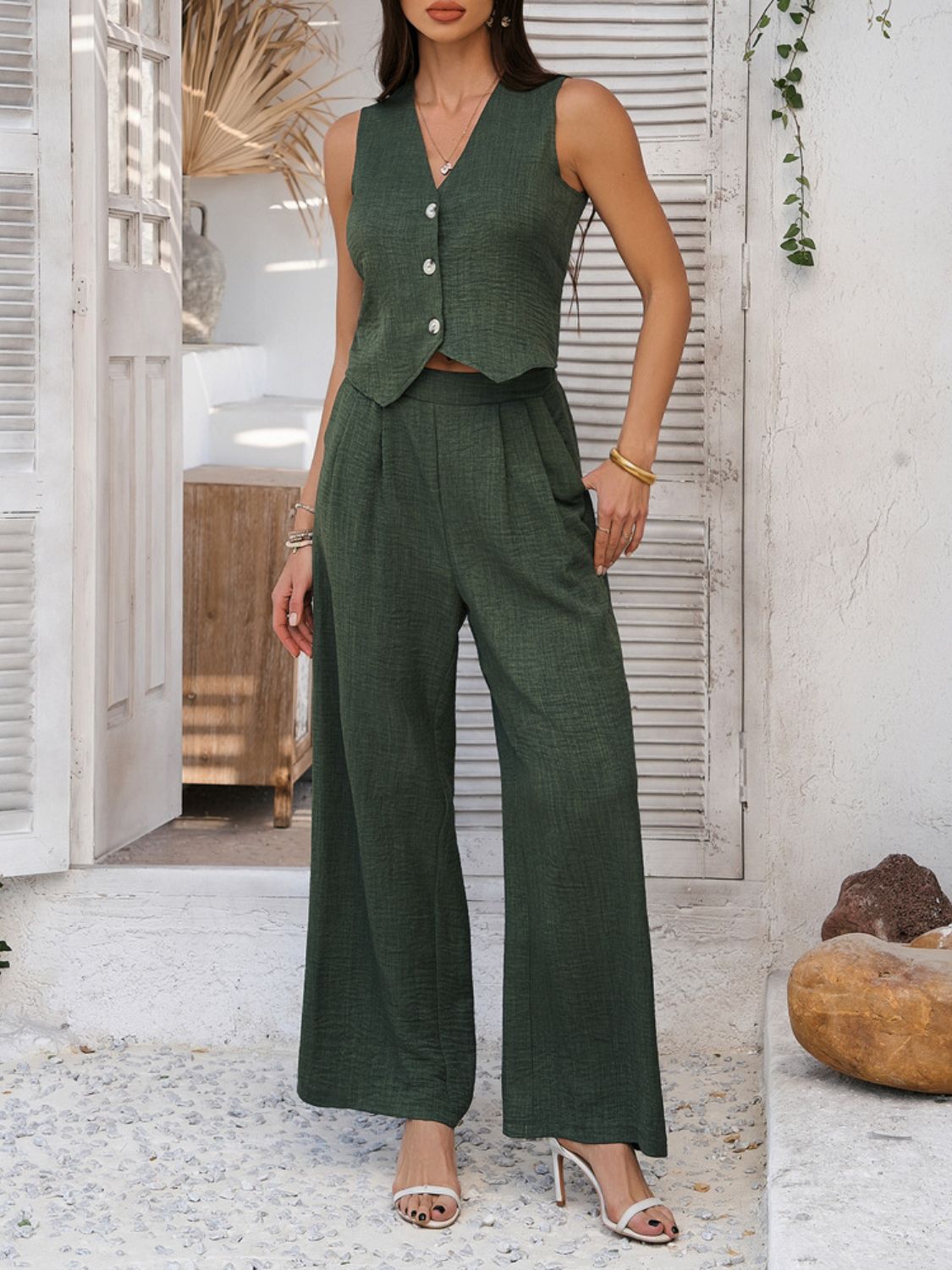 Devine Button Down Vest and Wide Leg Pants Set