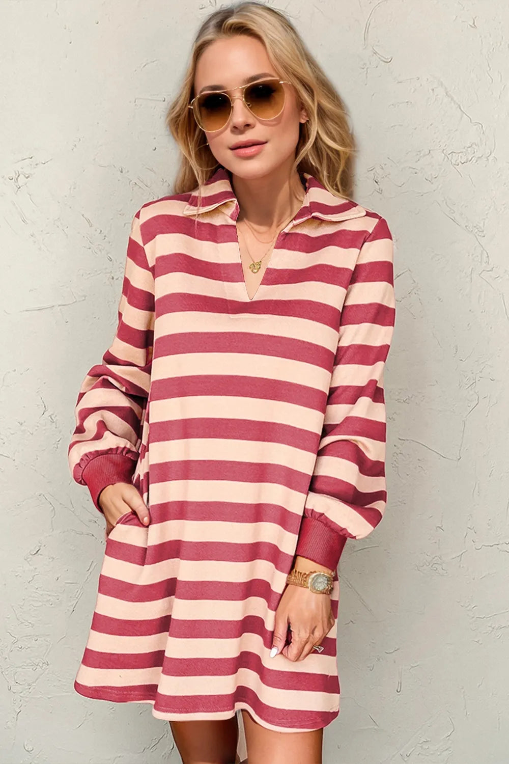 Double Take Full Size Striped Contrast Collared Neck Long Sleeve Dress Deep Rose