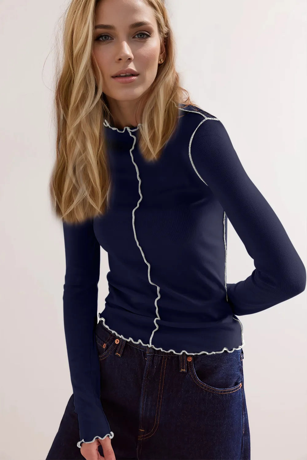 Basic Bae Contrast Trim Mock Neck Long Sleeve T-Shirt Dark Navy