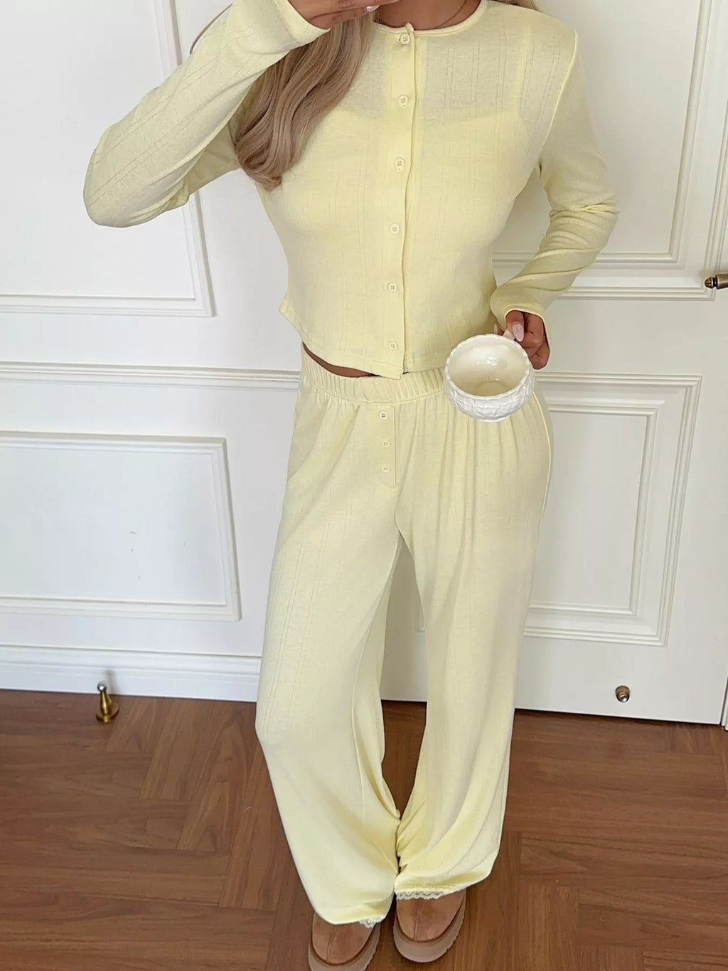 women's cami & long sleeve cardigan & wide leg pants set - front view
