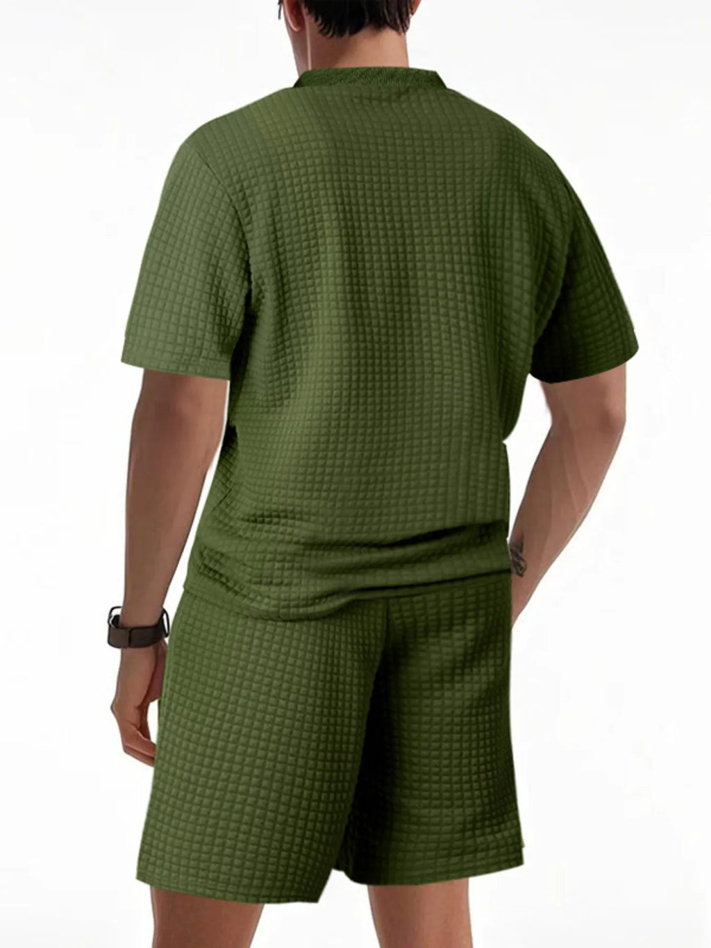 men's men's full size textured round neck top and shorts set plus size - side view